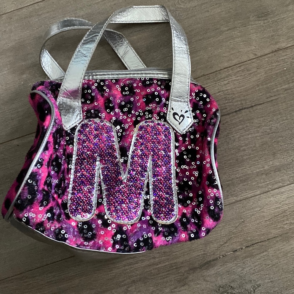 JUSTICE pink leopard black silver sequin letter ‘M’ purse tote makeup bag